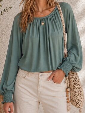 Glam Teal Flowy Balloon Sleeve Blouse With Smocked Waist Size Medium